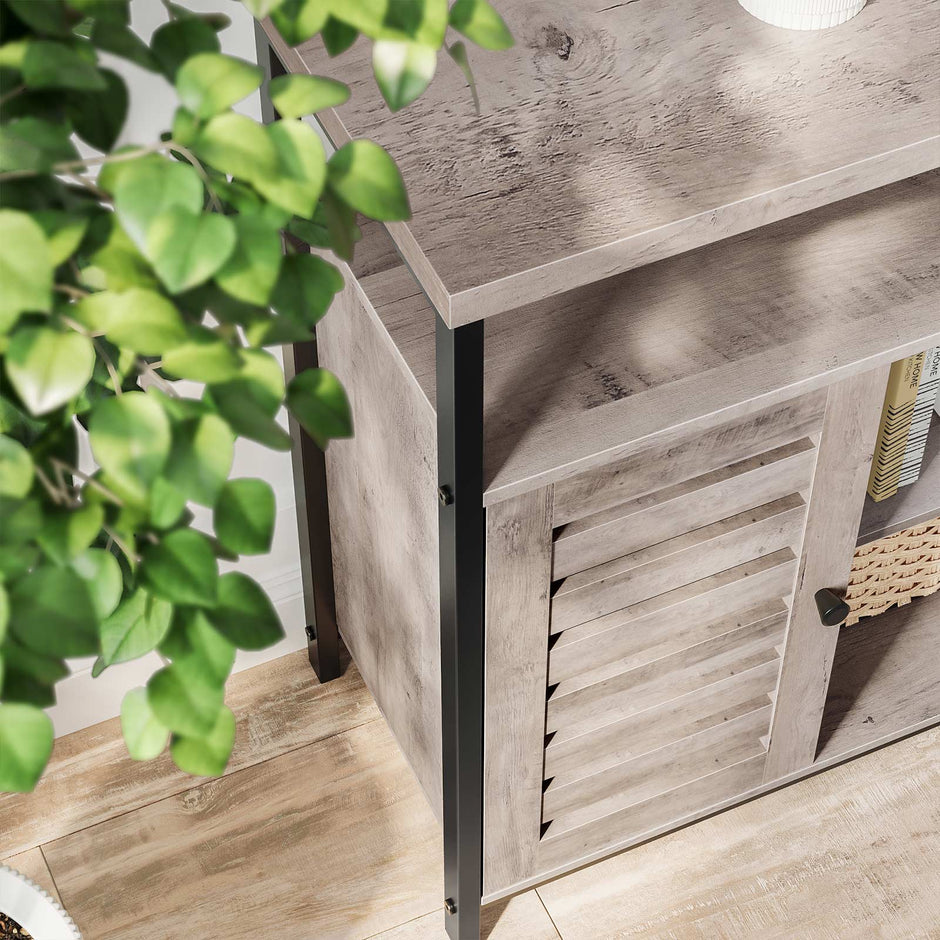 Standing Cabinet – Wood – Greige and Black – Multi-functional Storage with Louvred Doors