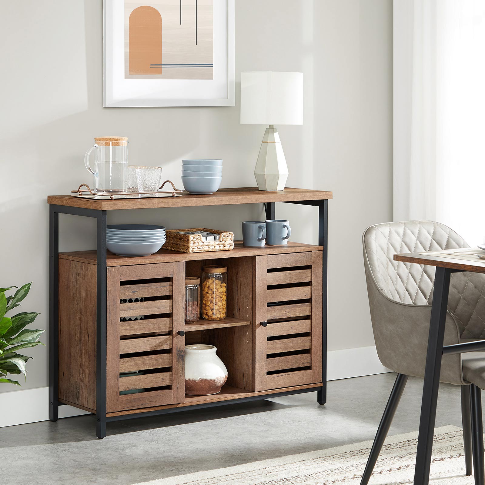Floor Standing Cabinet – Wood – Greige and Black – Cupboard with Shelves and Louvred Doors