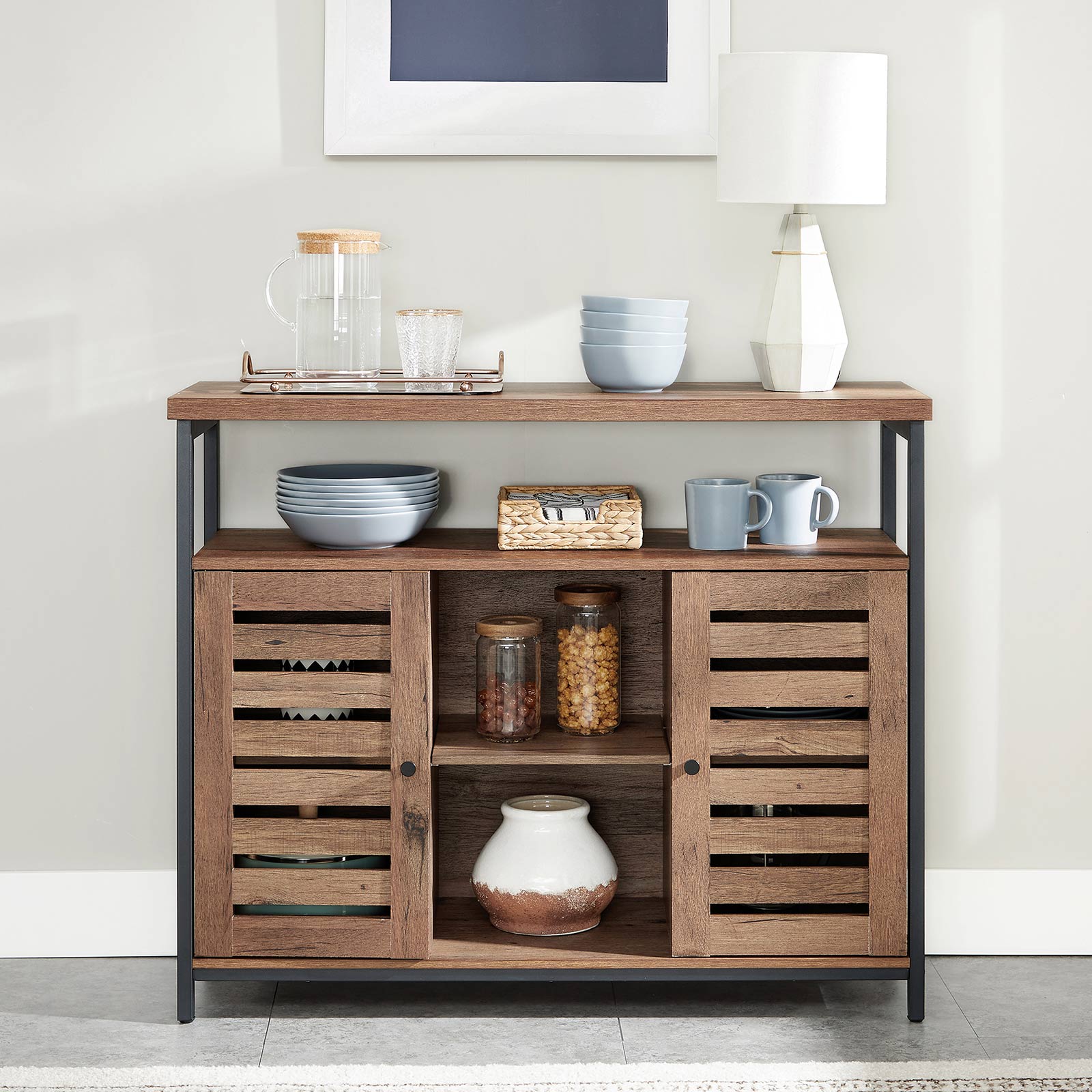 Floor Standing Cabinet – Wood – Greige and Black – Cupboard with Shelves and Louvred Doors