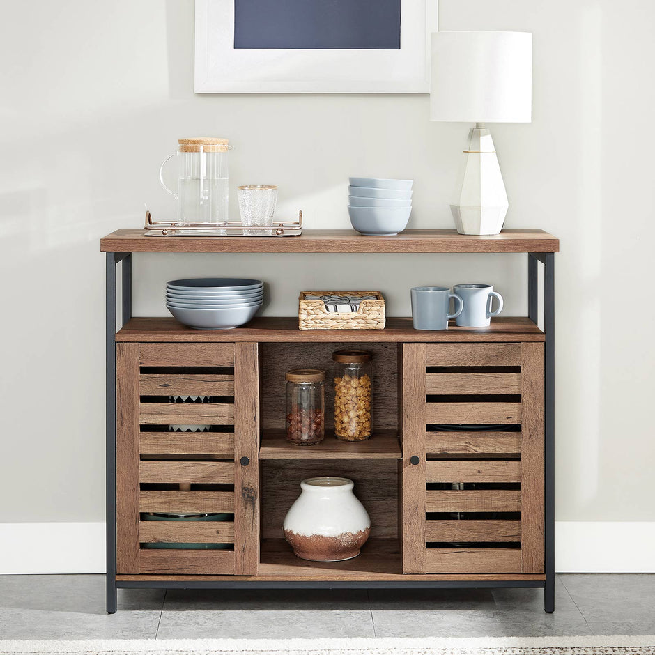 Floor Standing Cabinet – Wood – Greige and Black – Cupboard with Shelves and Louvred Doors