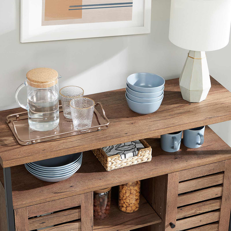 Floor Standing Cabinet – Wood – Greige and Black – Cupboard with Shelves and Louvred Doors