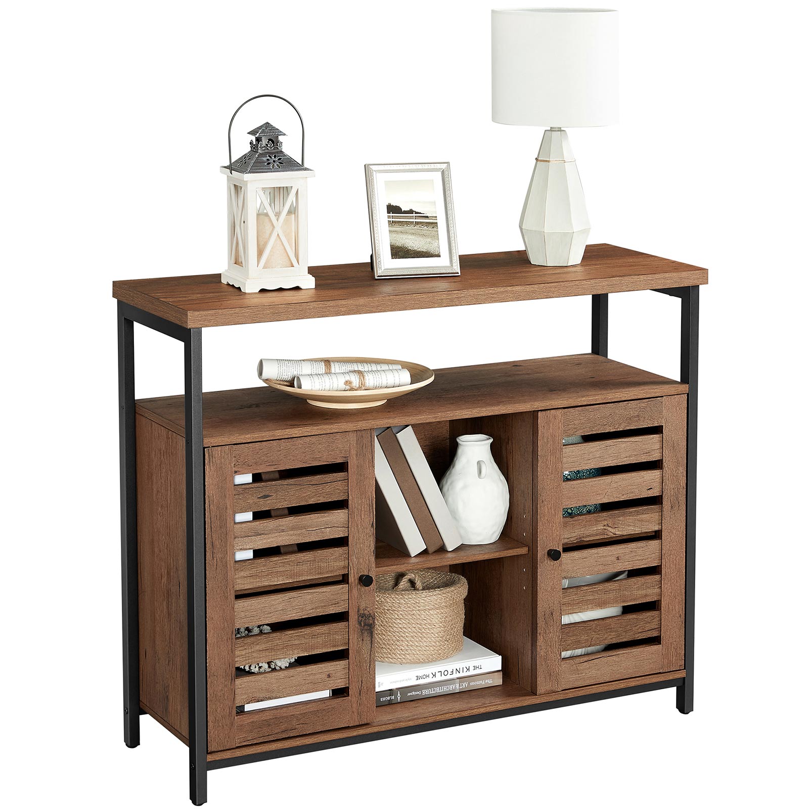 Floor Standing Cabinet – Wood – Greige and Black – Cupboard with Shelves and Louvred Doors