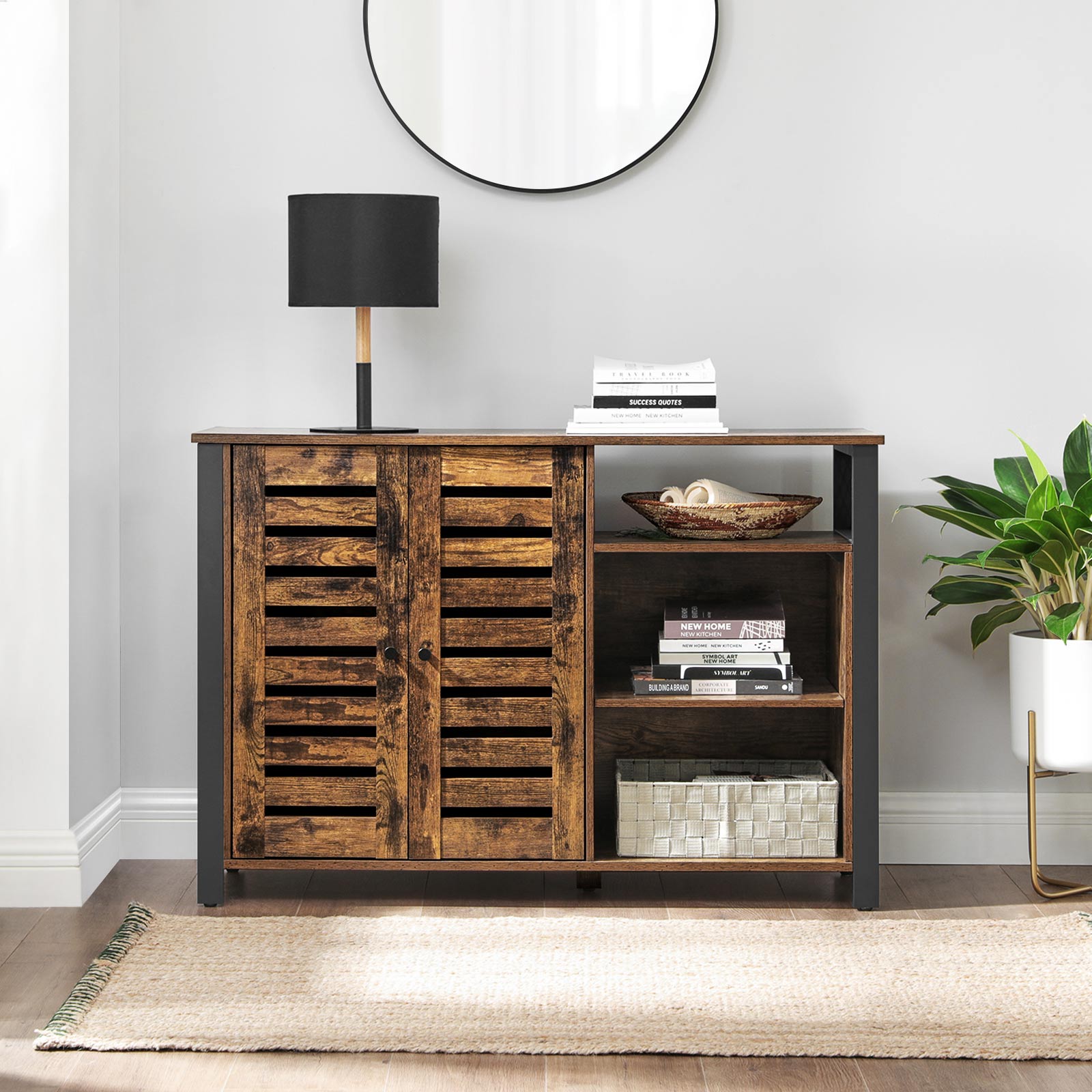 Storage Cabinet – Engineered Wood – Rustic Brown and Black – Industrial Style with Adjustable Shelves