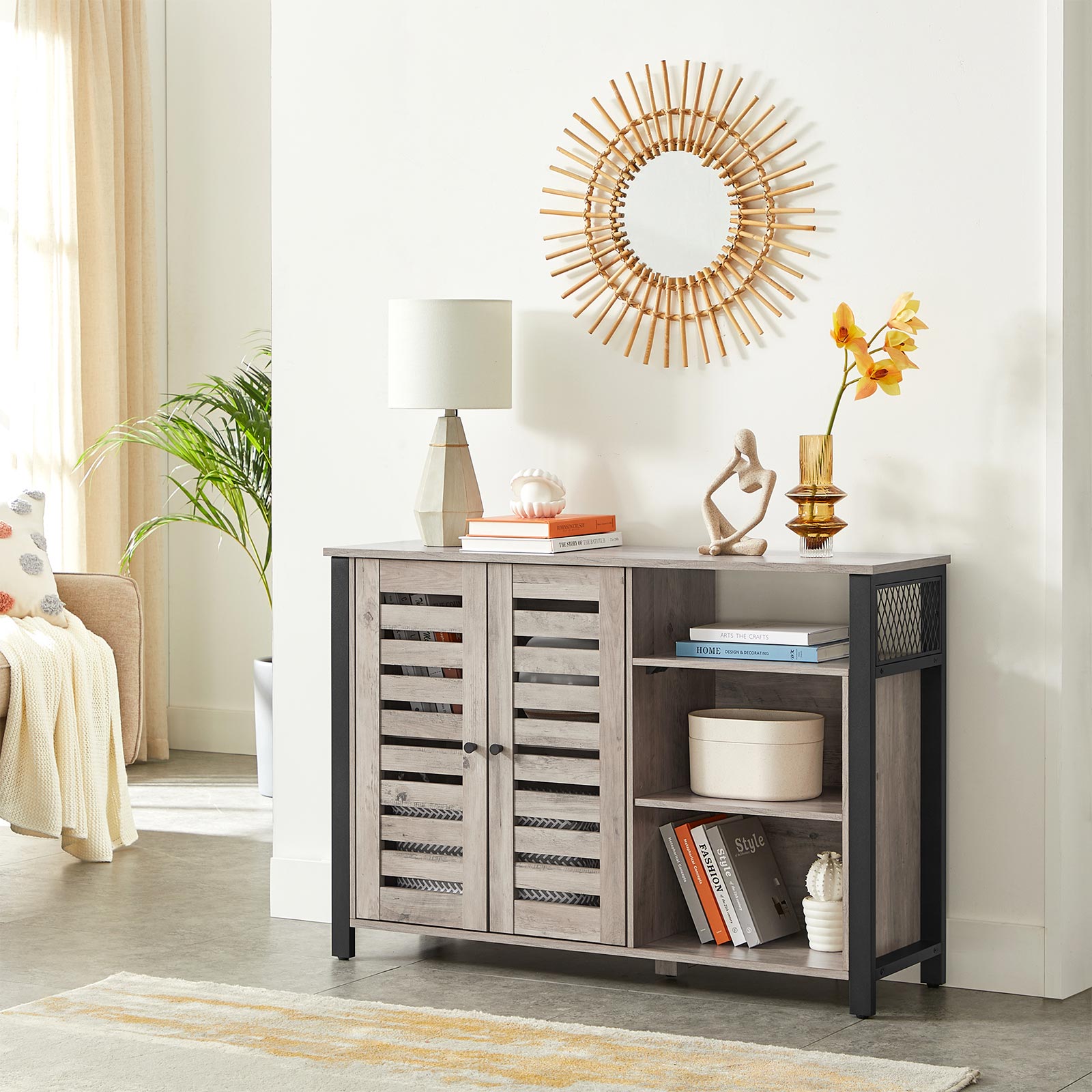 Sideboard – Wood – Greige – Industrial Style with Adjustable Shelves and Dual Doors