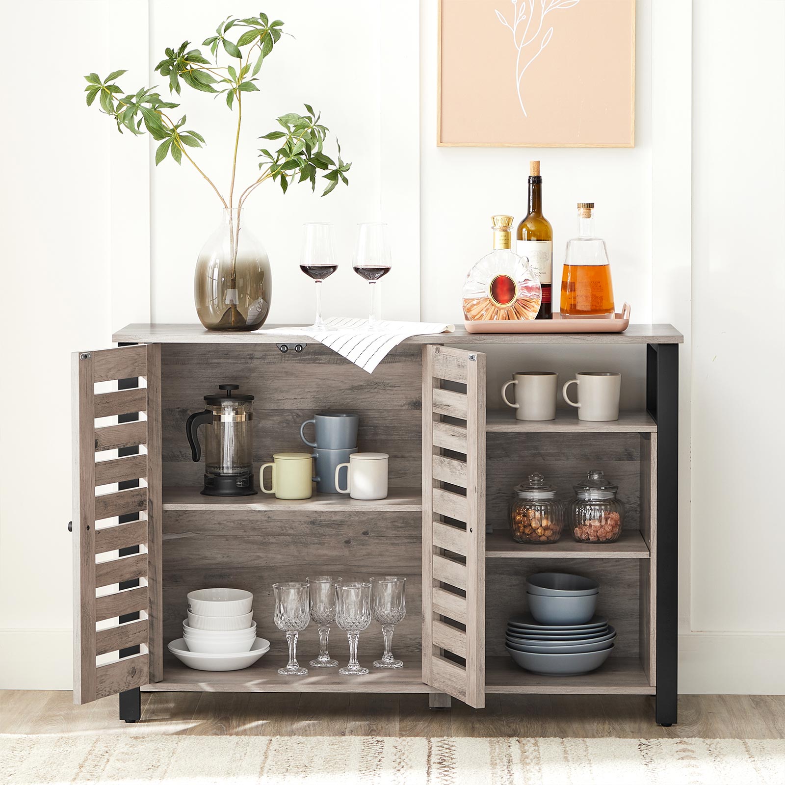 Sideboard – Wood – Greige – Industrial Style with Adjustable Shelves and Dual Doors