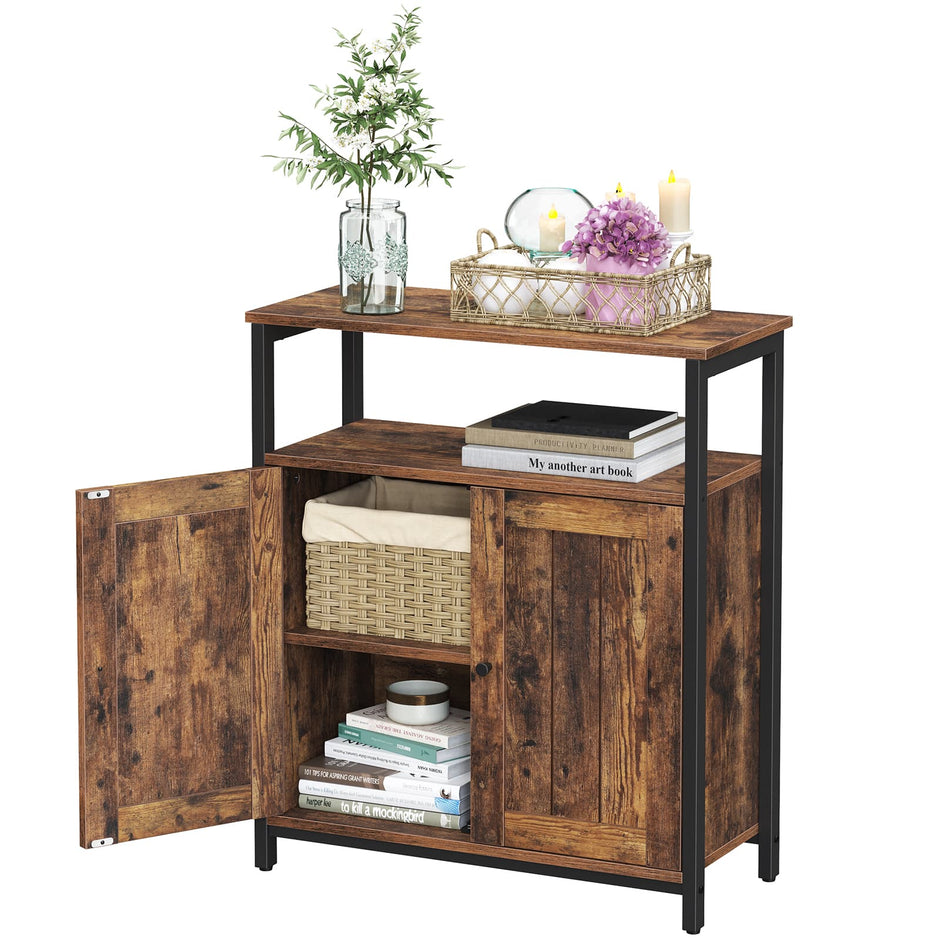 Storage Cabinet – Steel – Rustic Brown and Black – Industrial Style with Adjustable Shelves and Slat Door