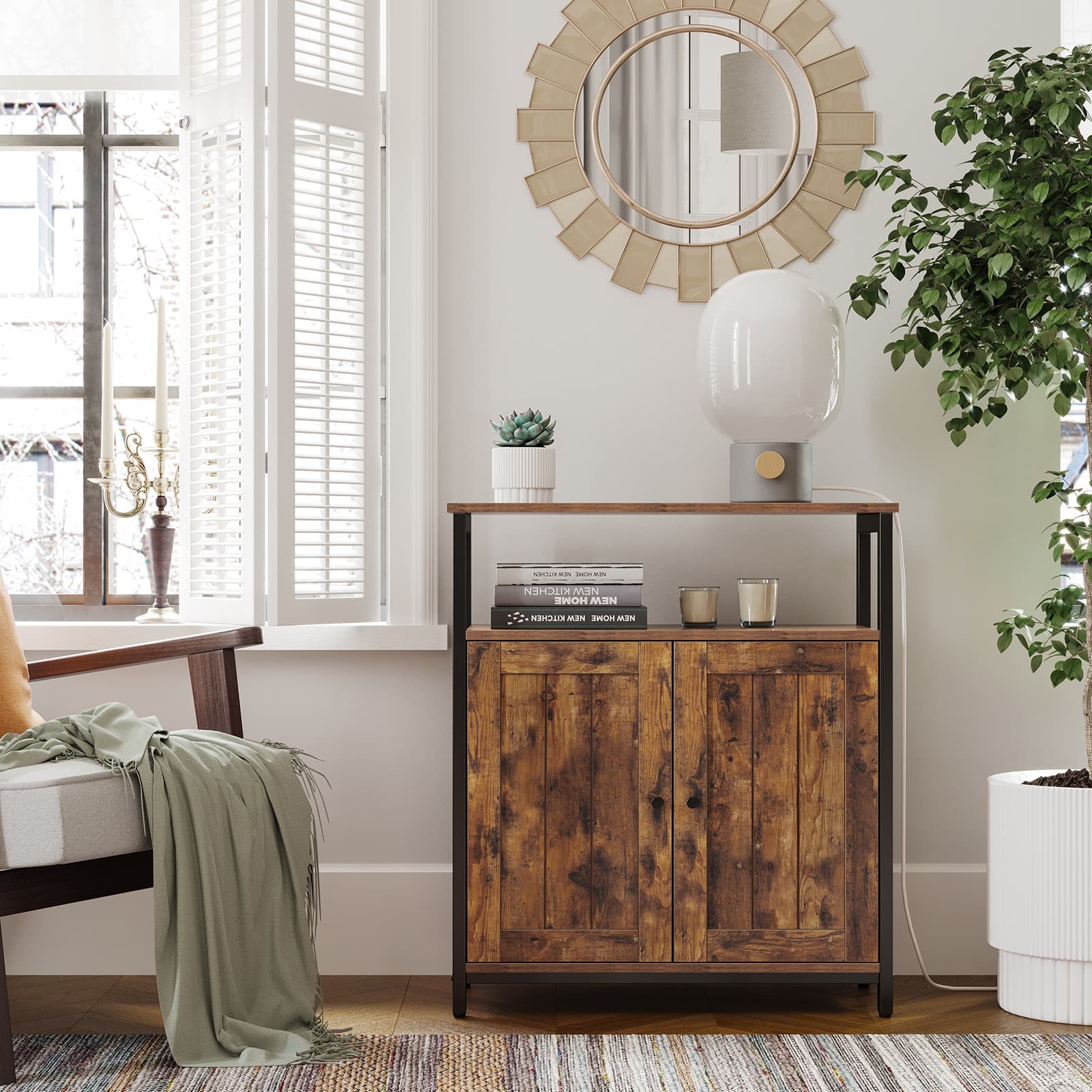 Storage Cabinet – Steel – Rustic Brown and Black – Industrial Style with Adjustable Shelves and Slat Door