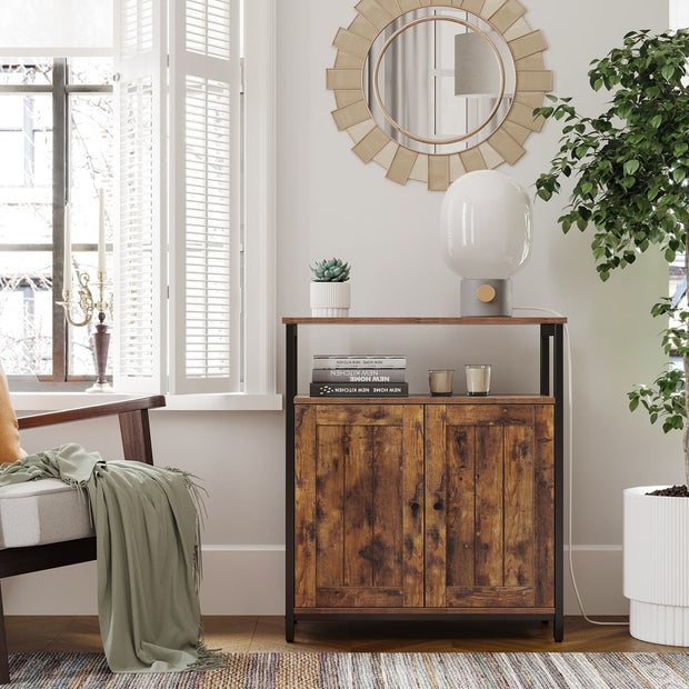 Storage Cabinet – Steel – Rustic Brown and Black – Industrial Style with Adjustable Shelves and Slat Door