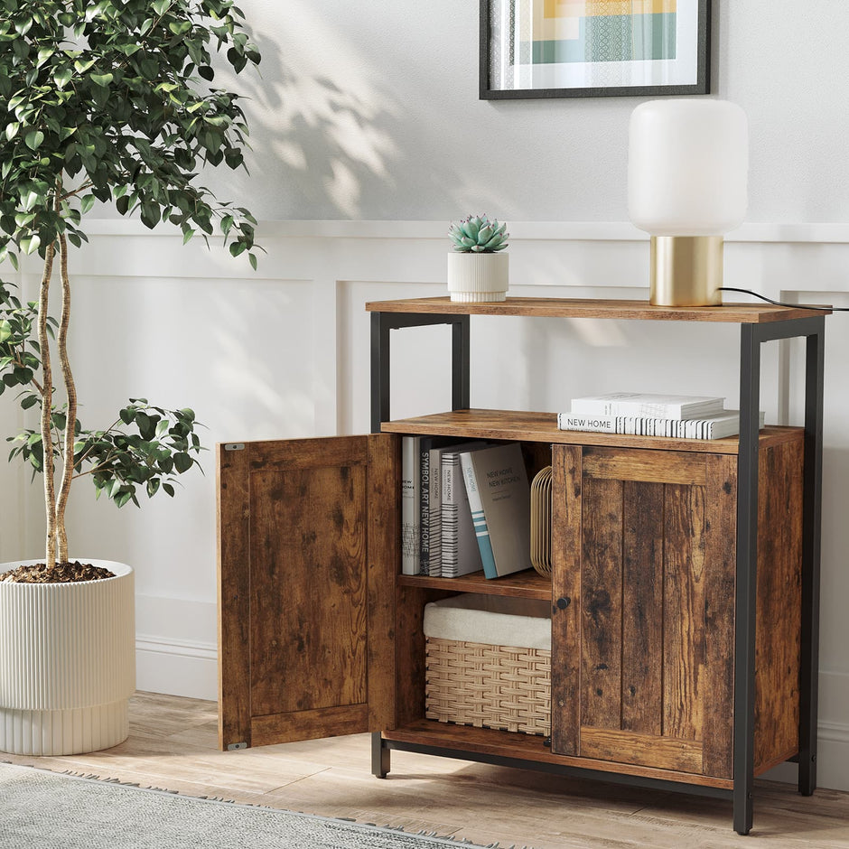 Storage Cabinet – Steel – Rustic Brown and Black – Industrial Style with Adjustable Shelves and Slat Door