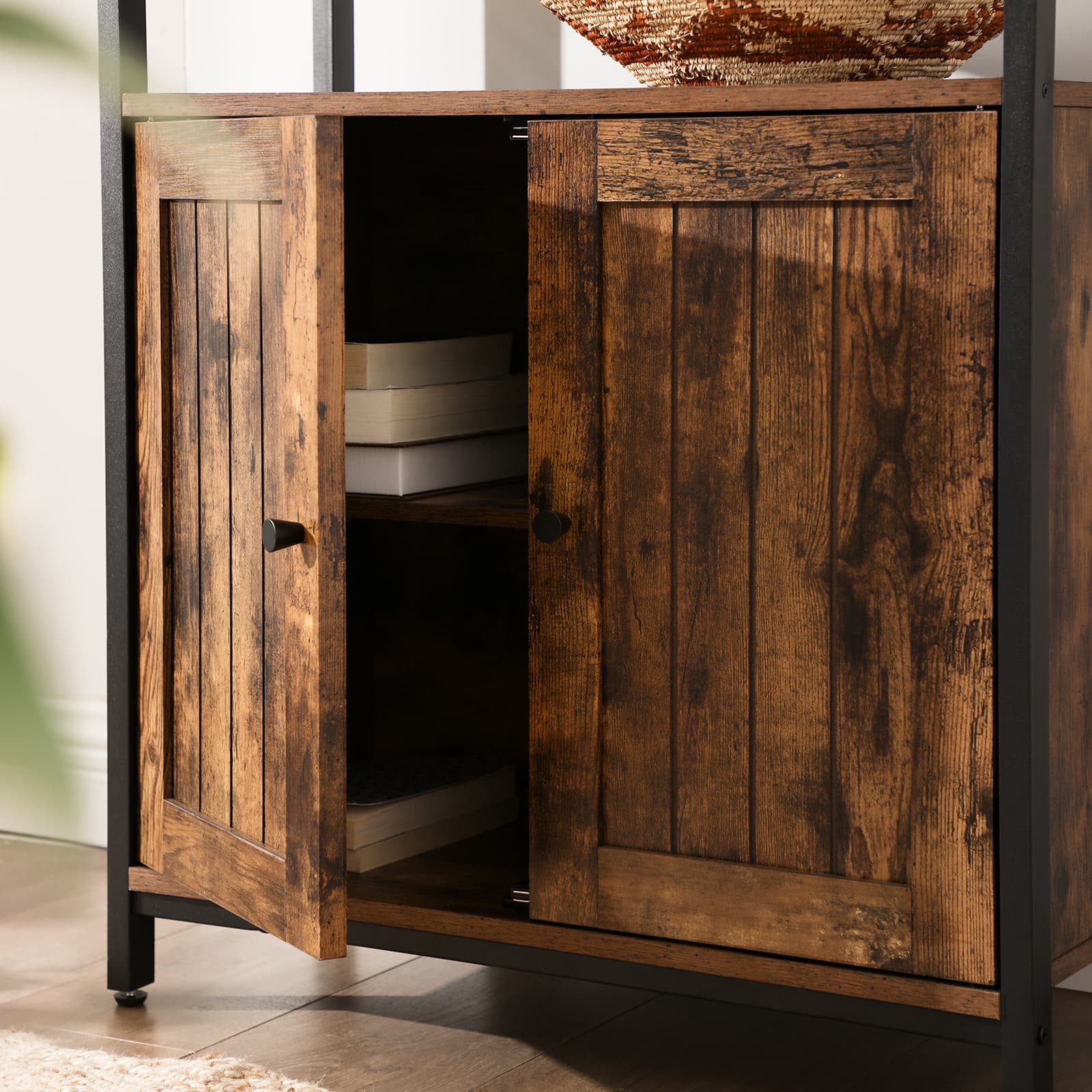 Storage Cabinet – Steel – Rustic Brown and Black – Industrial Style with Adjustable Shelves and Slat Door