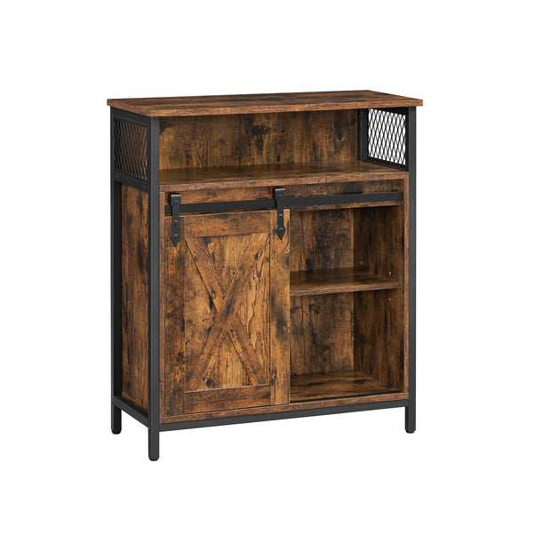 Storage Cabinet – Wood – Rustic Brown and Black – Sliding Barn Door with Adjustable Shelf