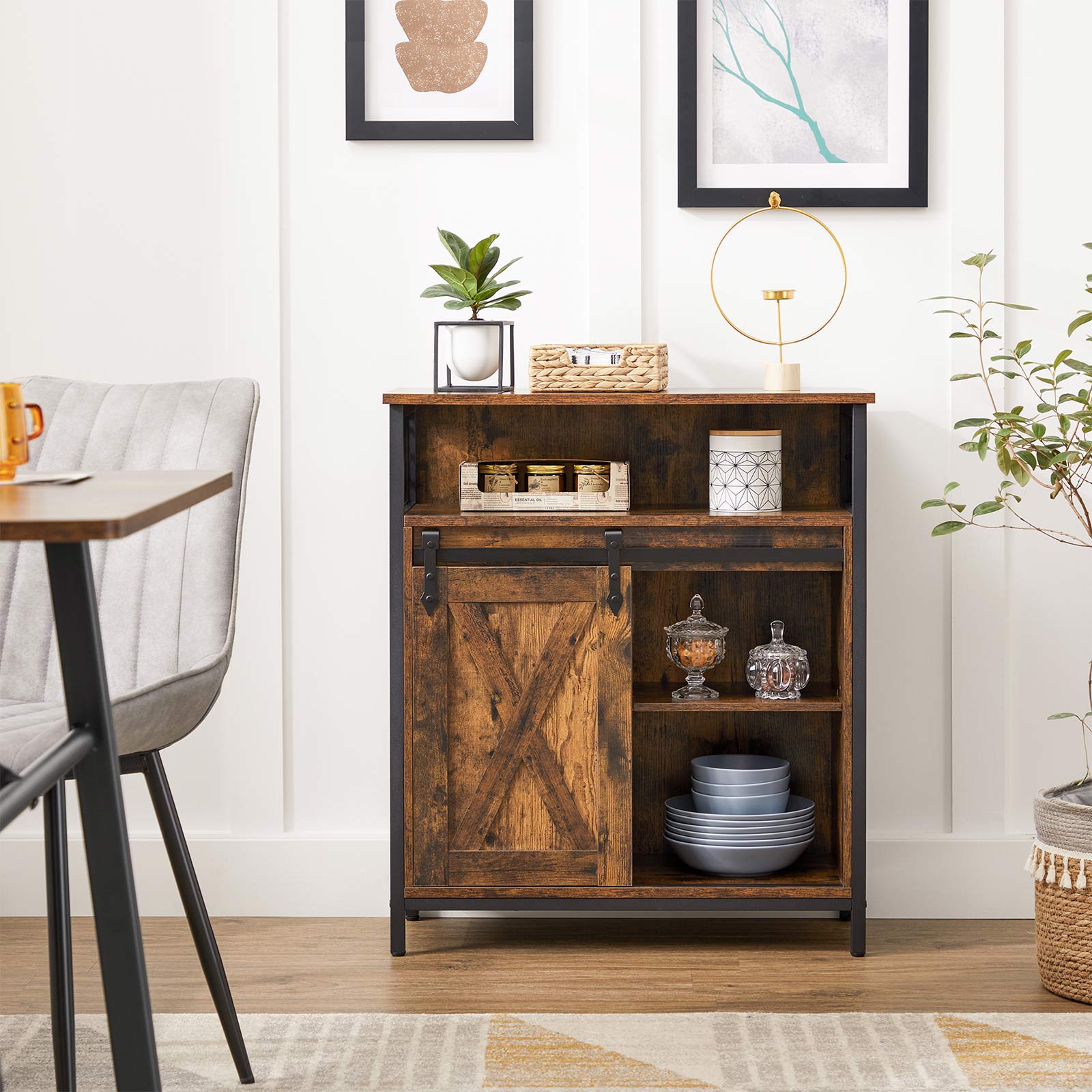 Storage Cabinet – Wood – Rustic Brown and Black – Sliding Barn Door with Adjustable Shelf