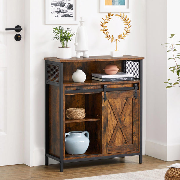Storage Cabinet – Wood – Rustic Brown and Black – Sliding Barn Door with Adjustable Shelf