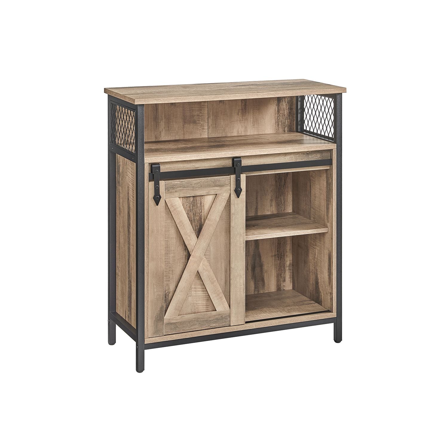 Kitchen Cupboard – Engineered Wood – Rustic Brown and Black – Sliding Barn Door with Adjustable Shelf