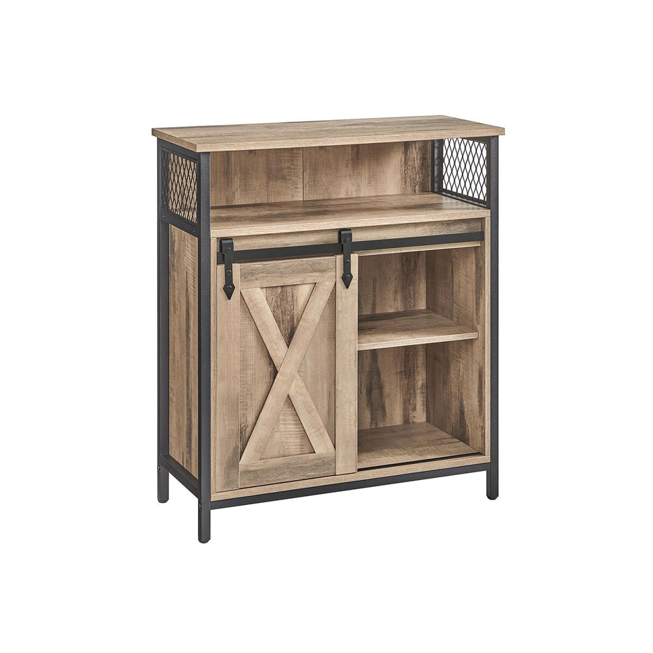 Kitchen Cupboard – Engineered Wood – Rustic Brown and Black – Sliding Barn Door with Adjustable Shelf