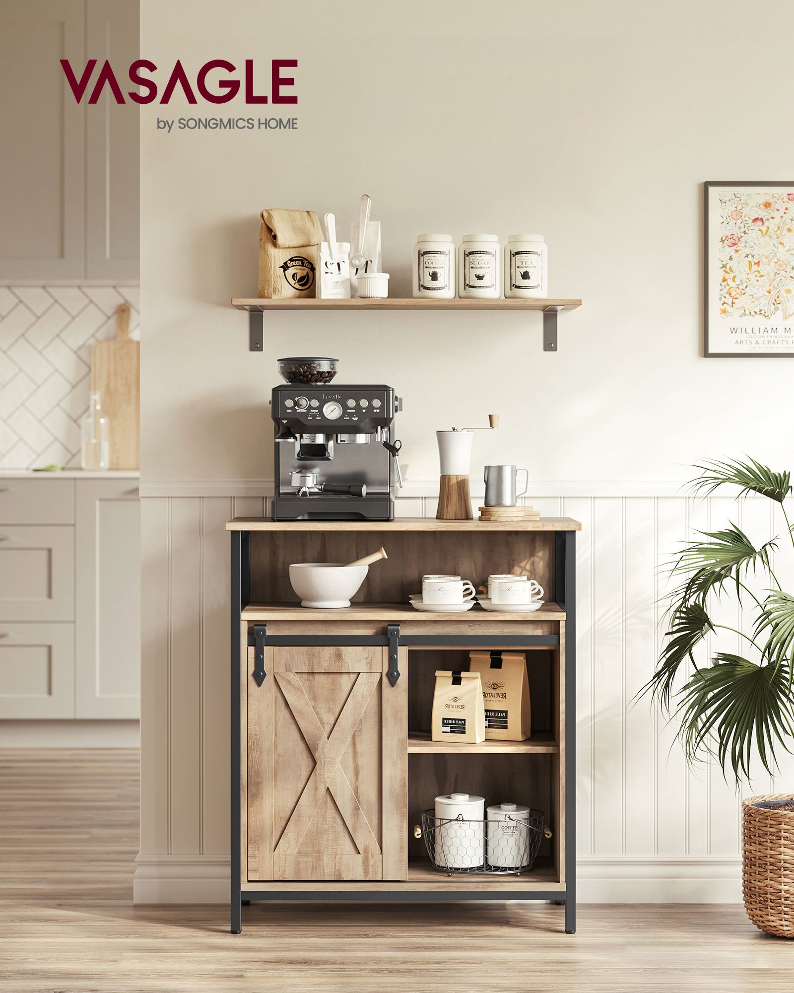 Kitchen Cupboard – Engineered Wood – Rustic Brown and Black – Sliding Barn Door with Adjustable Shelf