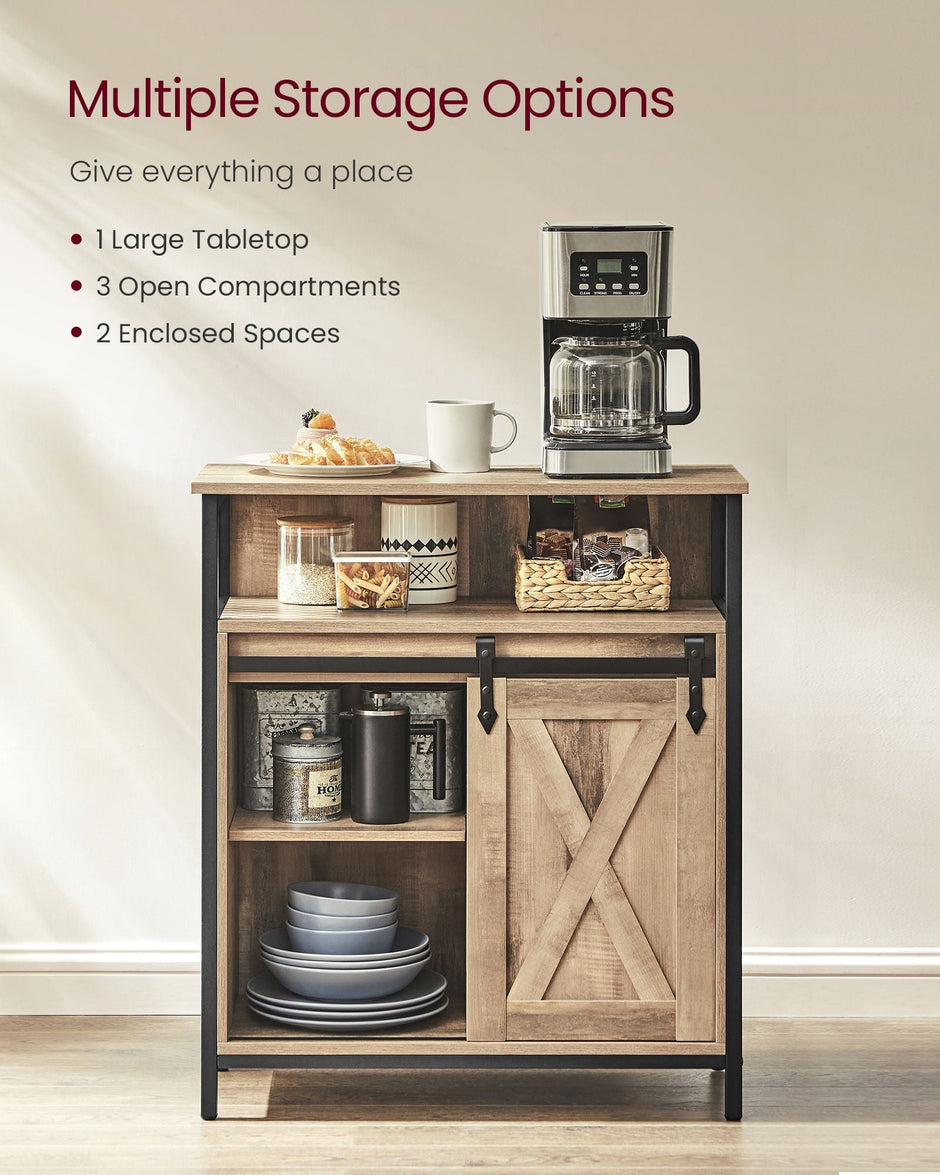 Kitchen Cupboard – Engineered Wood – Rustic Brown and Black – Sliding Barn Door with Adjustable Shelf