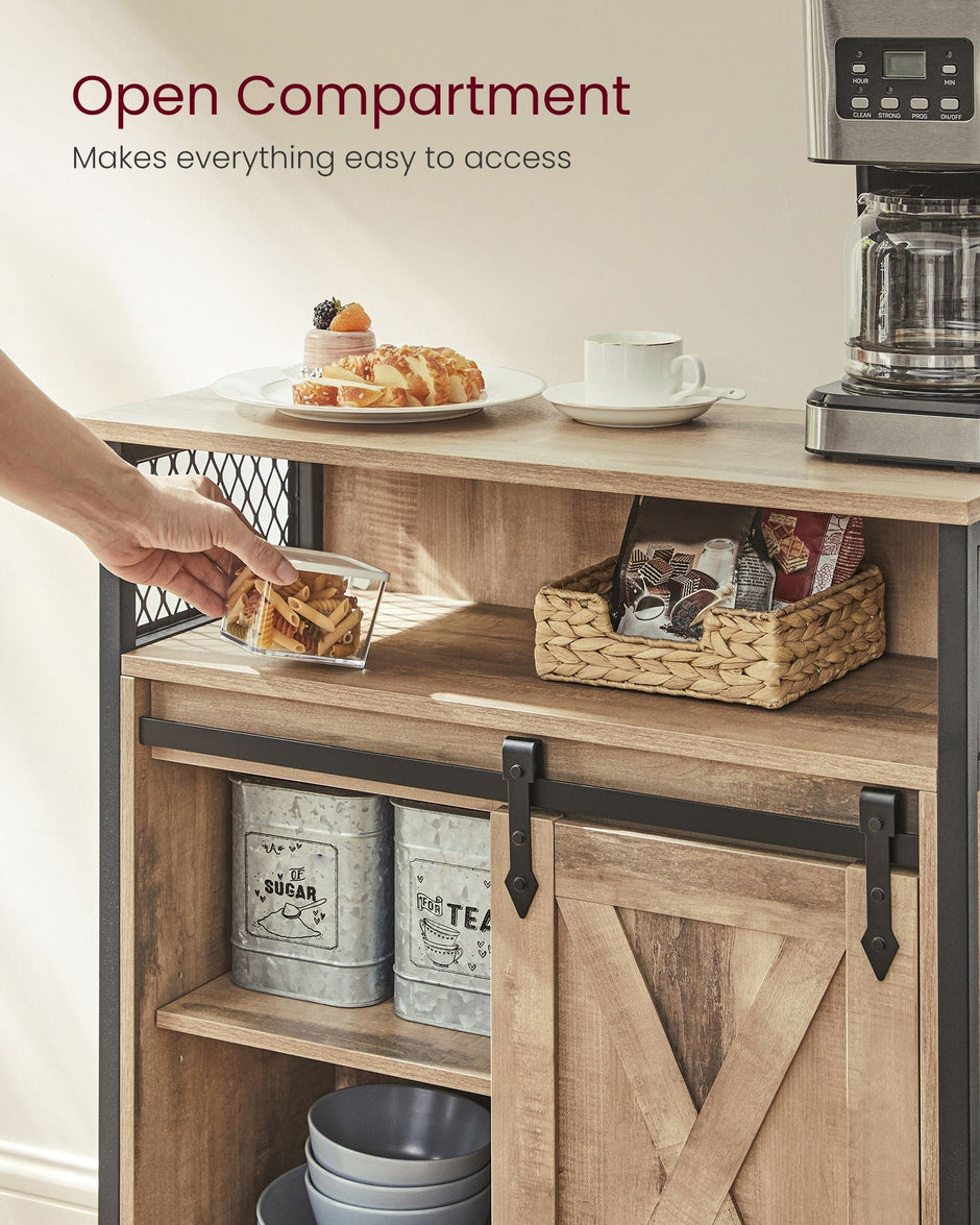 Kitchen Cupboard – Engineered Wood – Rustic Brown and Black – Sliding Barn Door with Adjustable Shelf