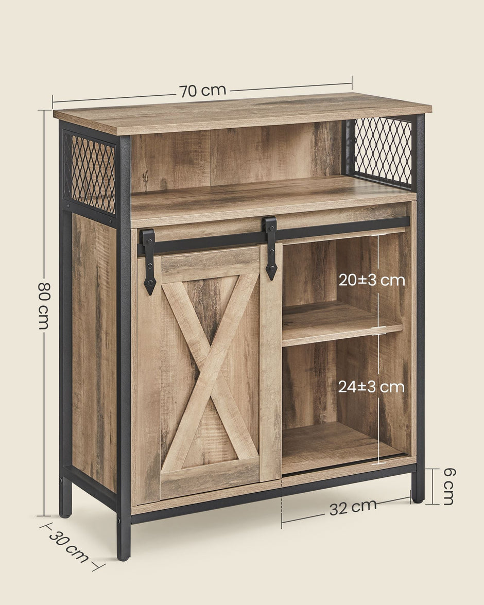 Kitchen Cupboard – Engineered Wood – Rustic Brown and Black – Sliding Barn Door with Adjustable Shelf