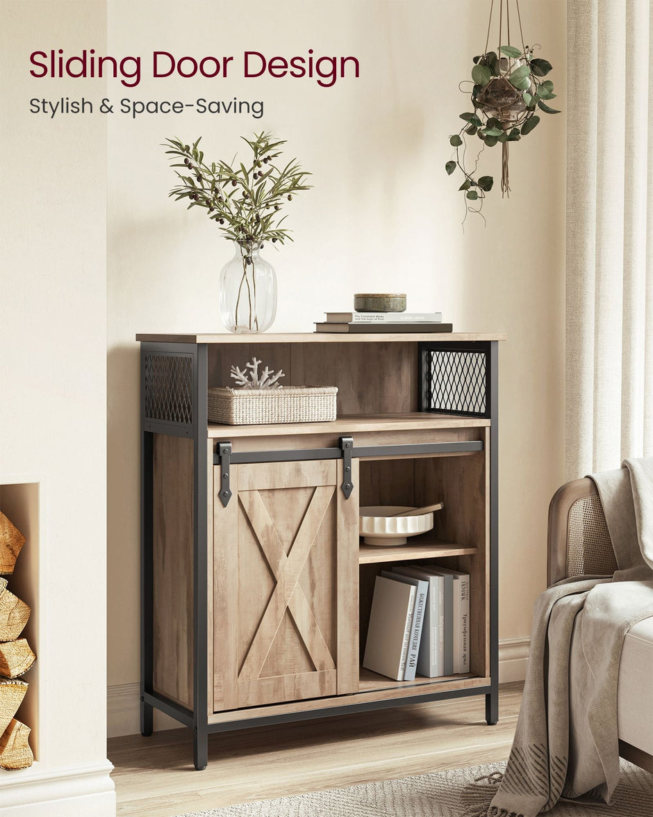 Kitchen Cupboard – Engineered Wood – Rustic Brown and Black – Sliding Barn Door with Adjustable Shelf
