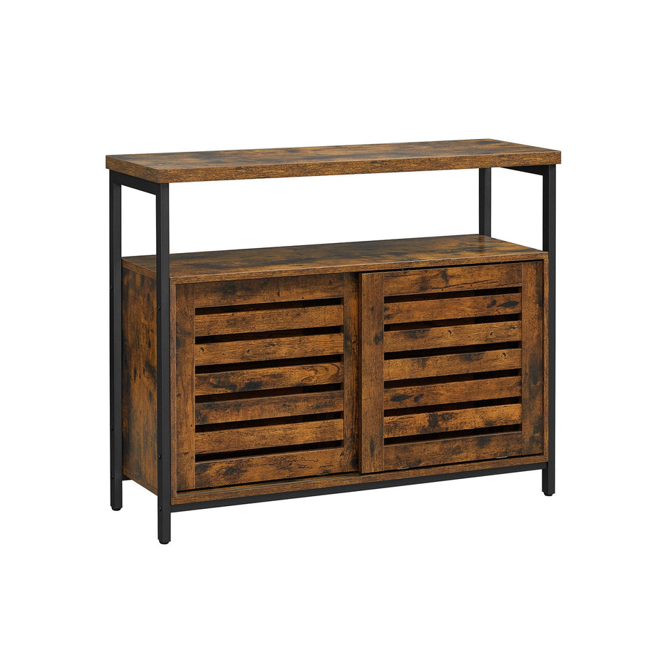 Floor Cabinet – Steel Frame – Rustic Brown and Black – Industrial Style with Sliding Doors