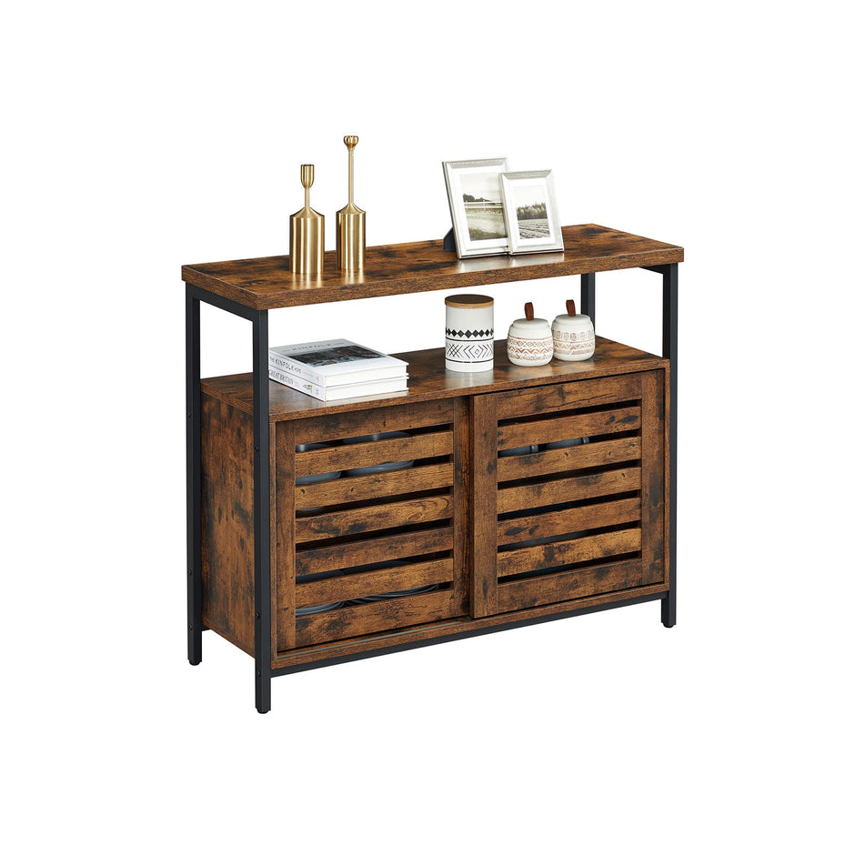 Floor Cabinet – Steel Frame – Rustic Brown and Black – Industrial Style with Sliding Doors