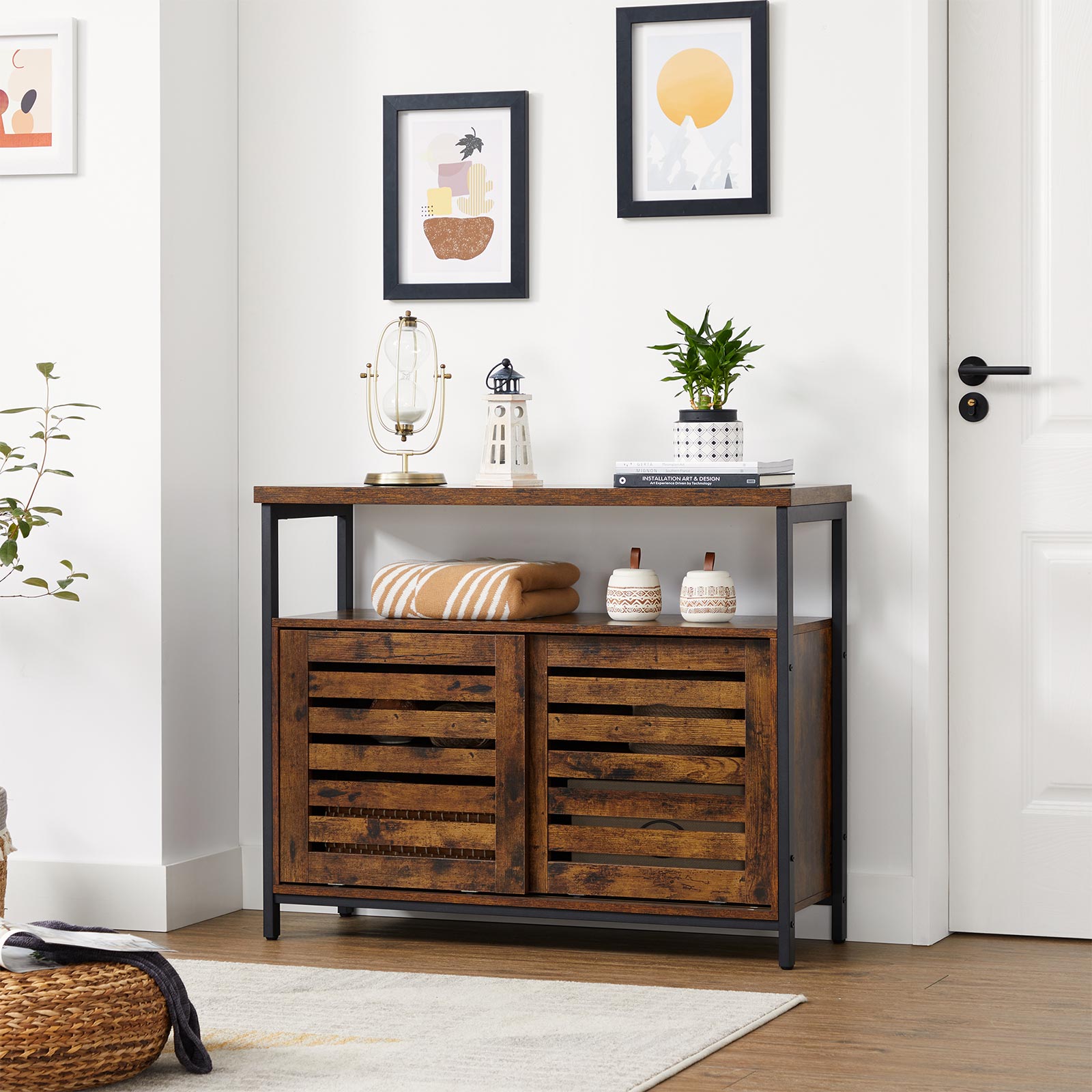 Floor Cabinet – Steel Frame – Rustic Brown and Black – Industrial Style with Sliding Doors