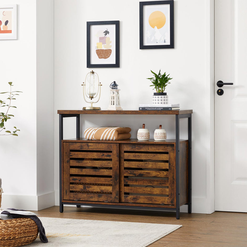 Floor Cabinet – Steel Frame – Rustic Brown and Black – Industrial Style with Sliding Doors