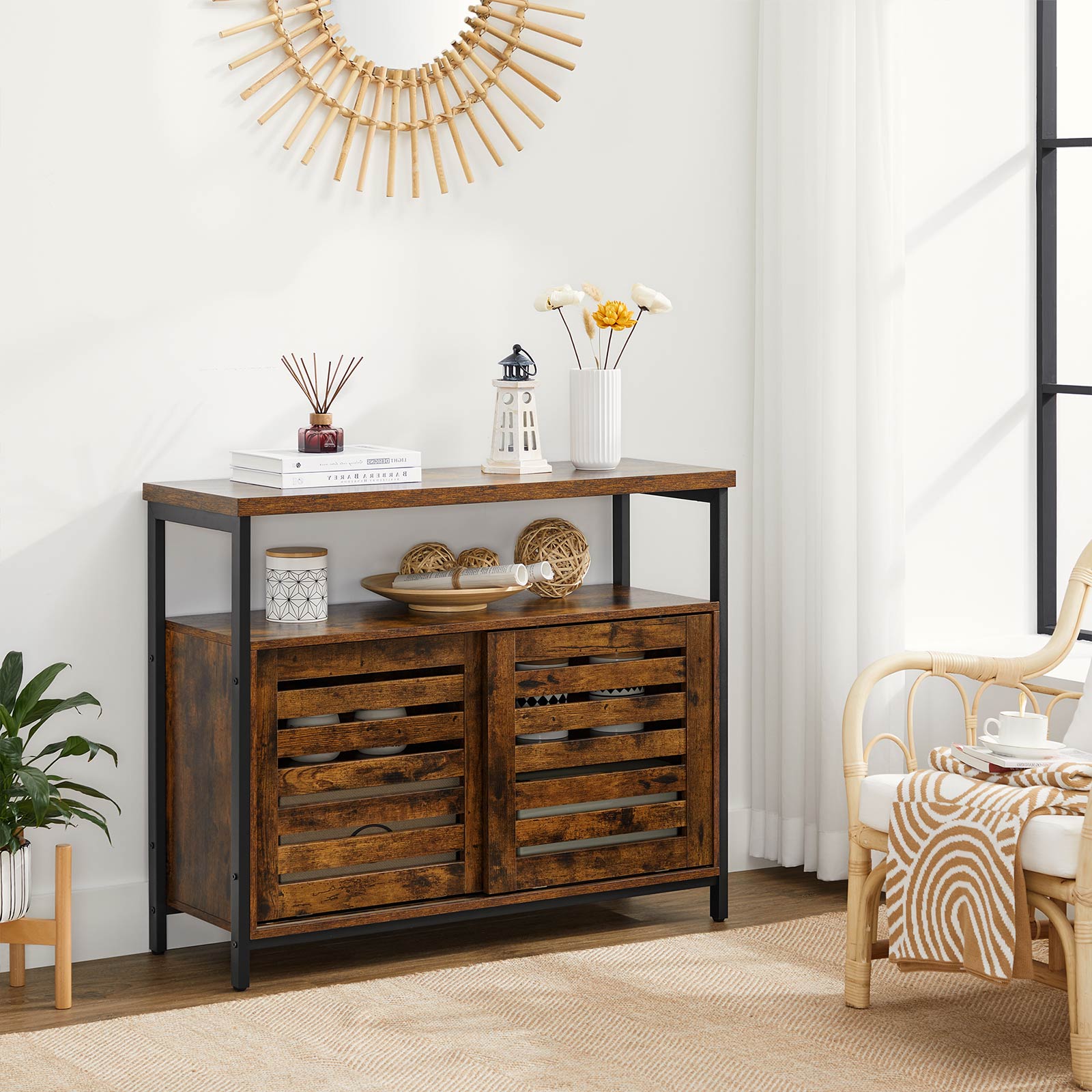 Floor Cabinet – Steel Frame – Rustic Brown and Black – Industrial Style with Sliding Doors