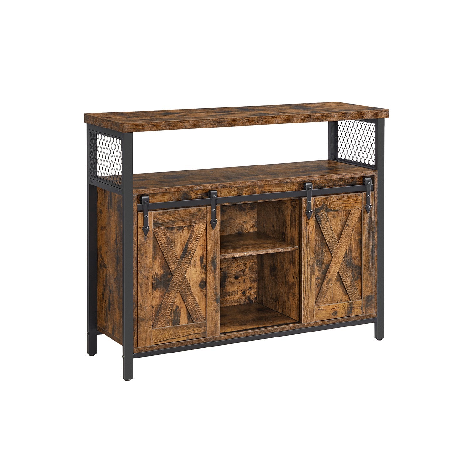 Industrial Dining Sideboard – Wood and Metal – Rustic Brown and Black – Adjustable Shelf with Sliding Barn Doors