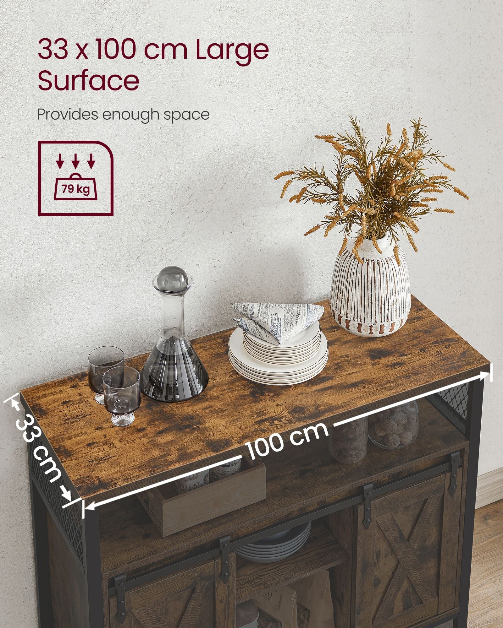 Industrial Dining Sideboard – Wood and Metal – Rustic Brown and Black – Adjustable Shelf with Sliding Barn Doors
