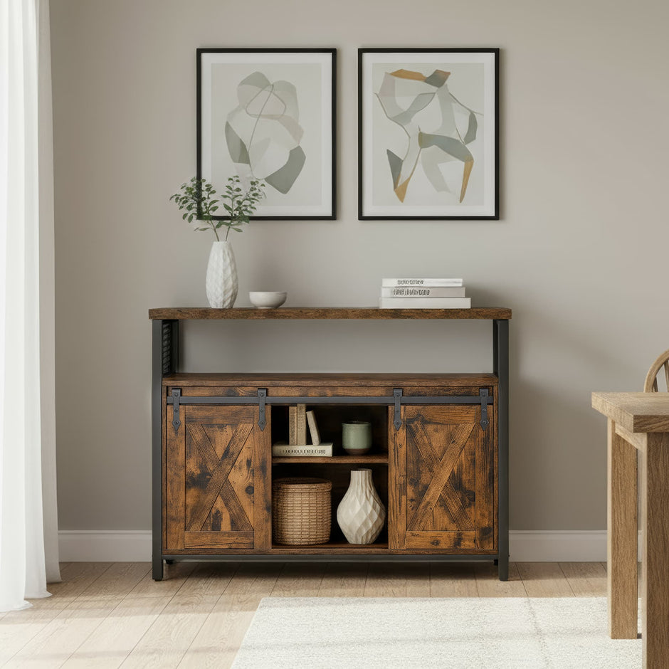 Buffet Cabinet – Wood – Rustic Brown and Black – Sliding Barn Doors and Adjustable Shelves