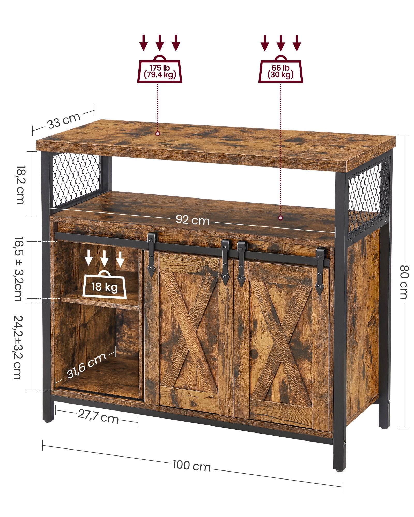 Industrial Dining Sideboard – Wood and Metal – Rustic Brown and Black – Adjustable Shelf with Sliding Barn Doors