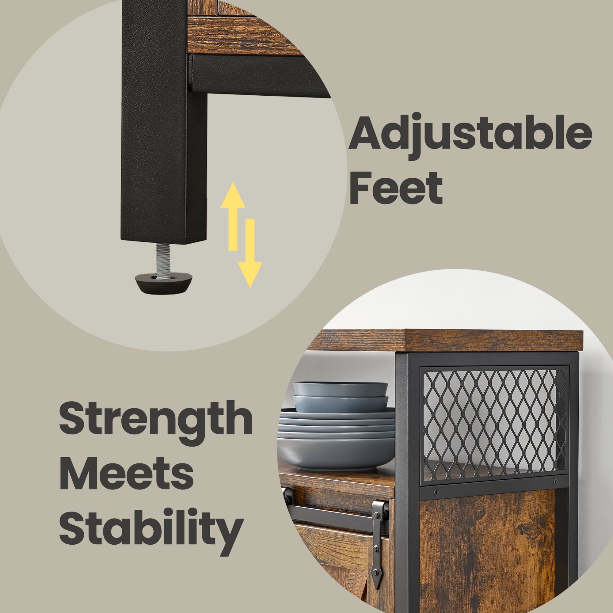 Buffet Cabinet – Wood – Rustic Brown and Black – Sliding Barn Doors and Adjustable Shelves