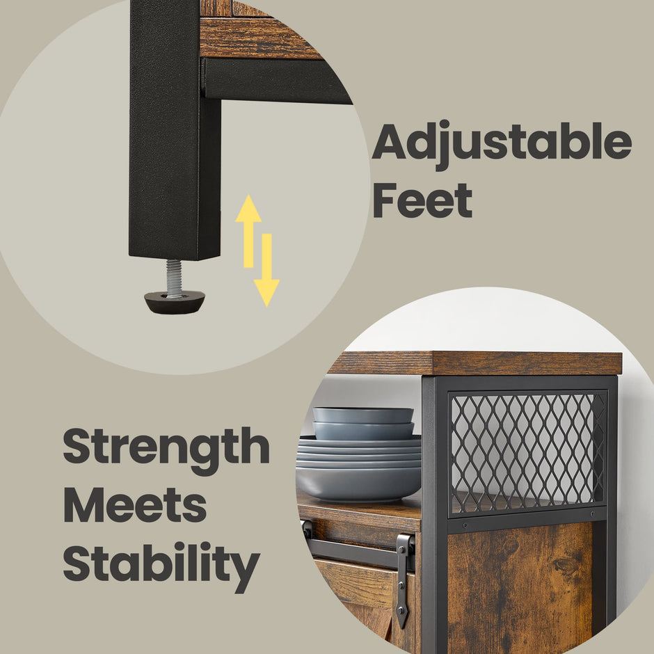 Buffet Cabinet – Wood – Rustic Brown and Black – Sliding Barn Doors and Adjustable Shelves
