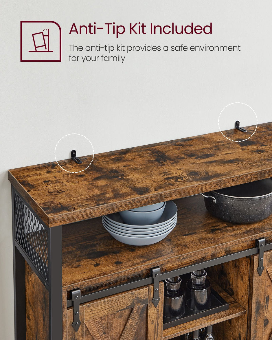 Industrial Dining Sideboard – Wood and Metal – Rustic Brown and Black – Adjustable Shelf with Sliding Barn Doors