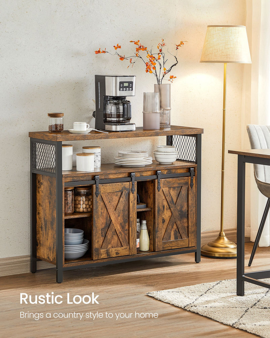Industrial Dining Sideboard – Wood and Metal – Rustic Brown and Black – Adjustable Shelf with Sliding Barn Doors