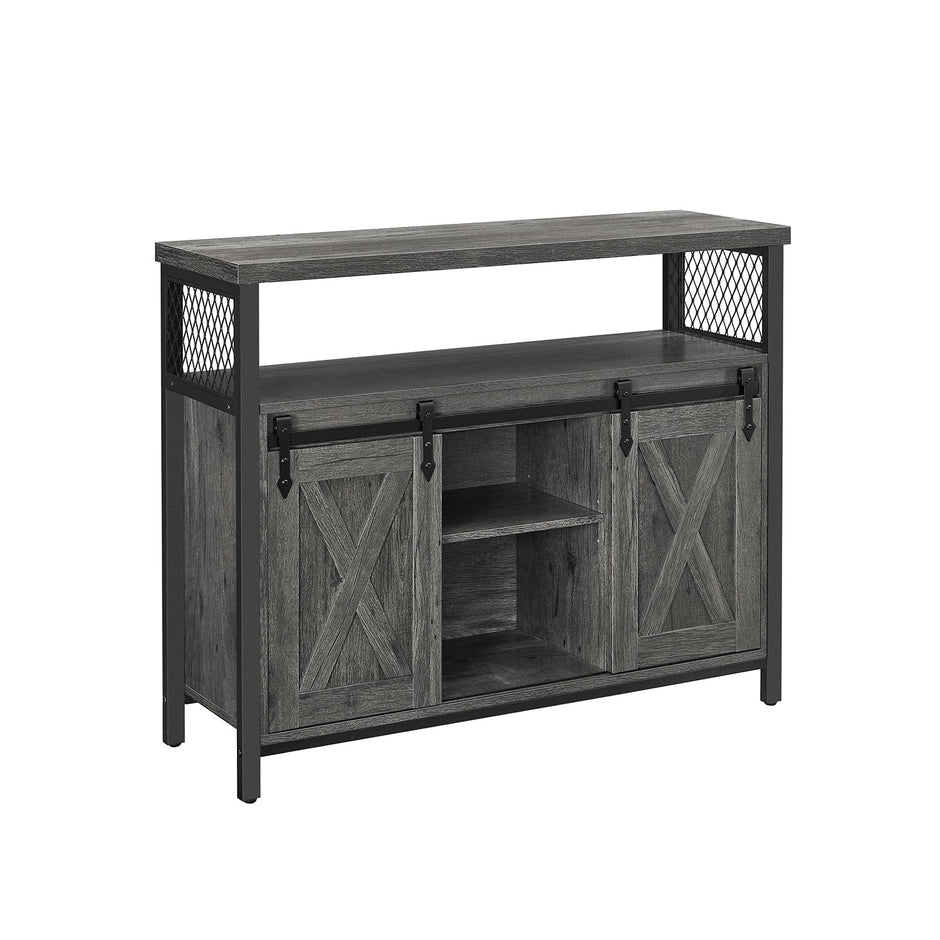 Sliding Barn Door Sideboard – Wood – Stone Grey & Ink Black – Adjustable Shelves, Industrial Style