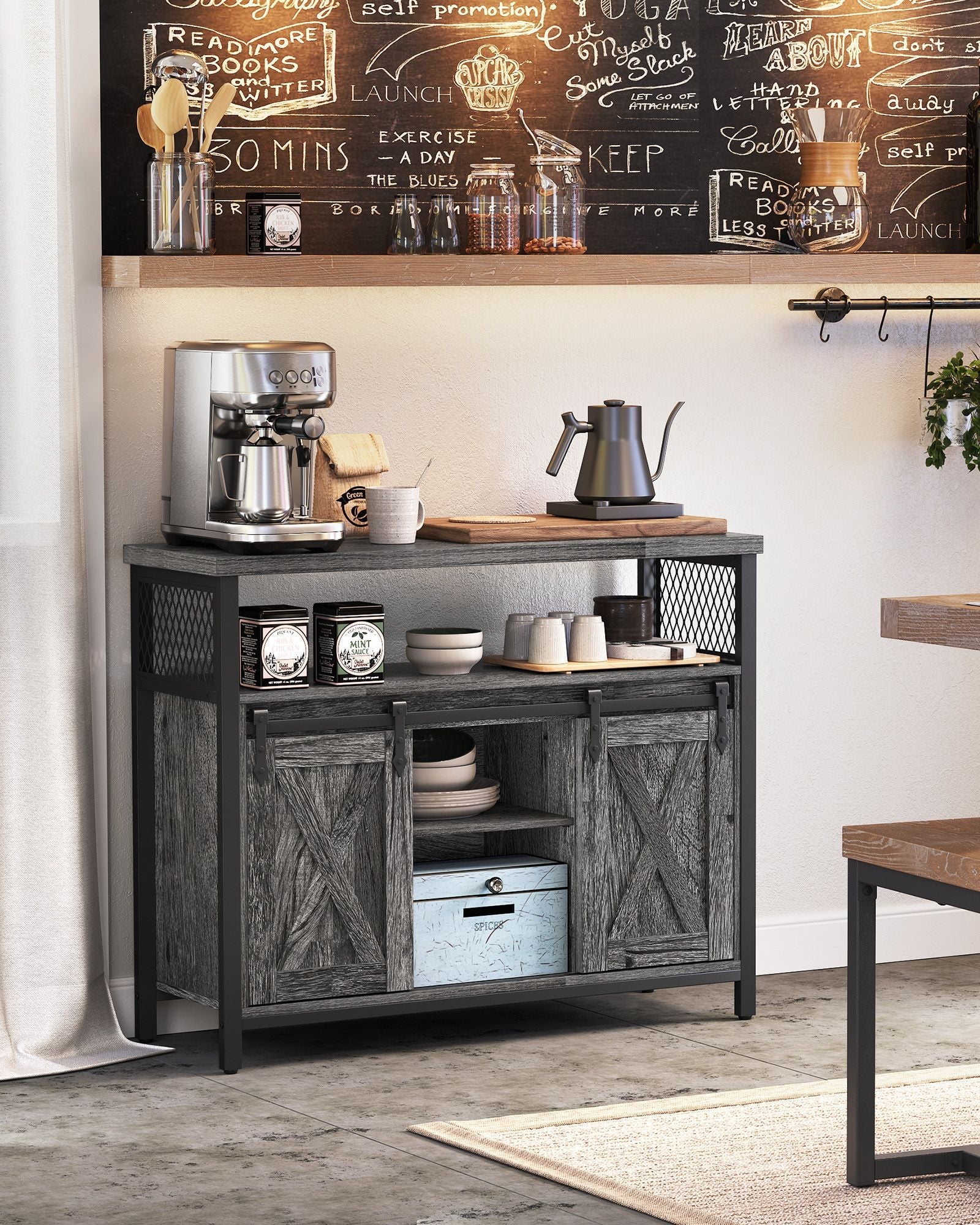 Sliding Barn Door Sideboard – Wood – Stone Grey & Ink Black – Adjustable Shelves, Industrial Style