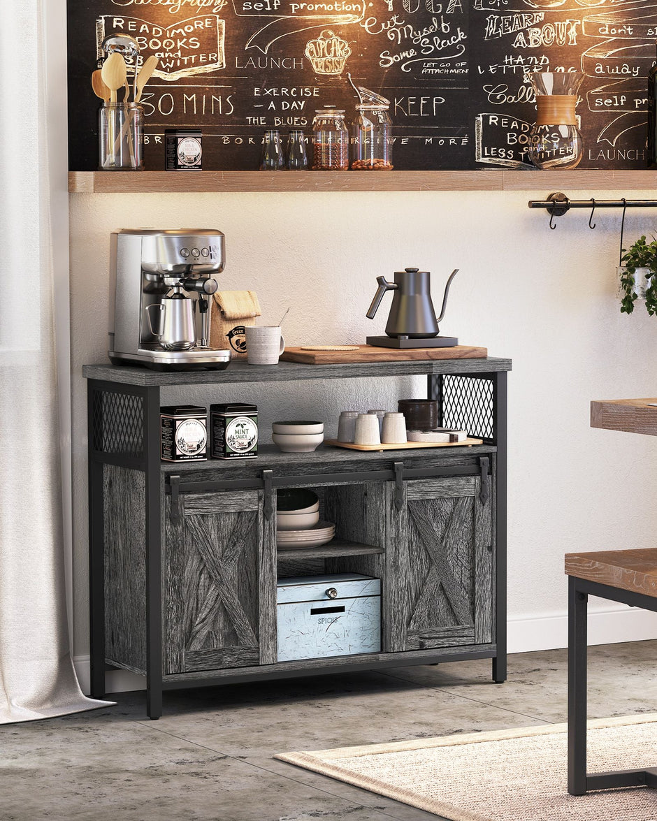 Sliding Barn Door Sideboard – Wood – Stone Grey & Ink Black – Adjustable Shelves, Industrial Style