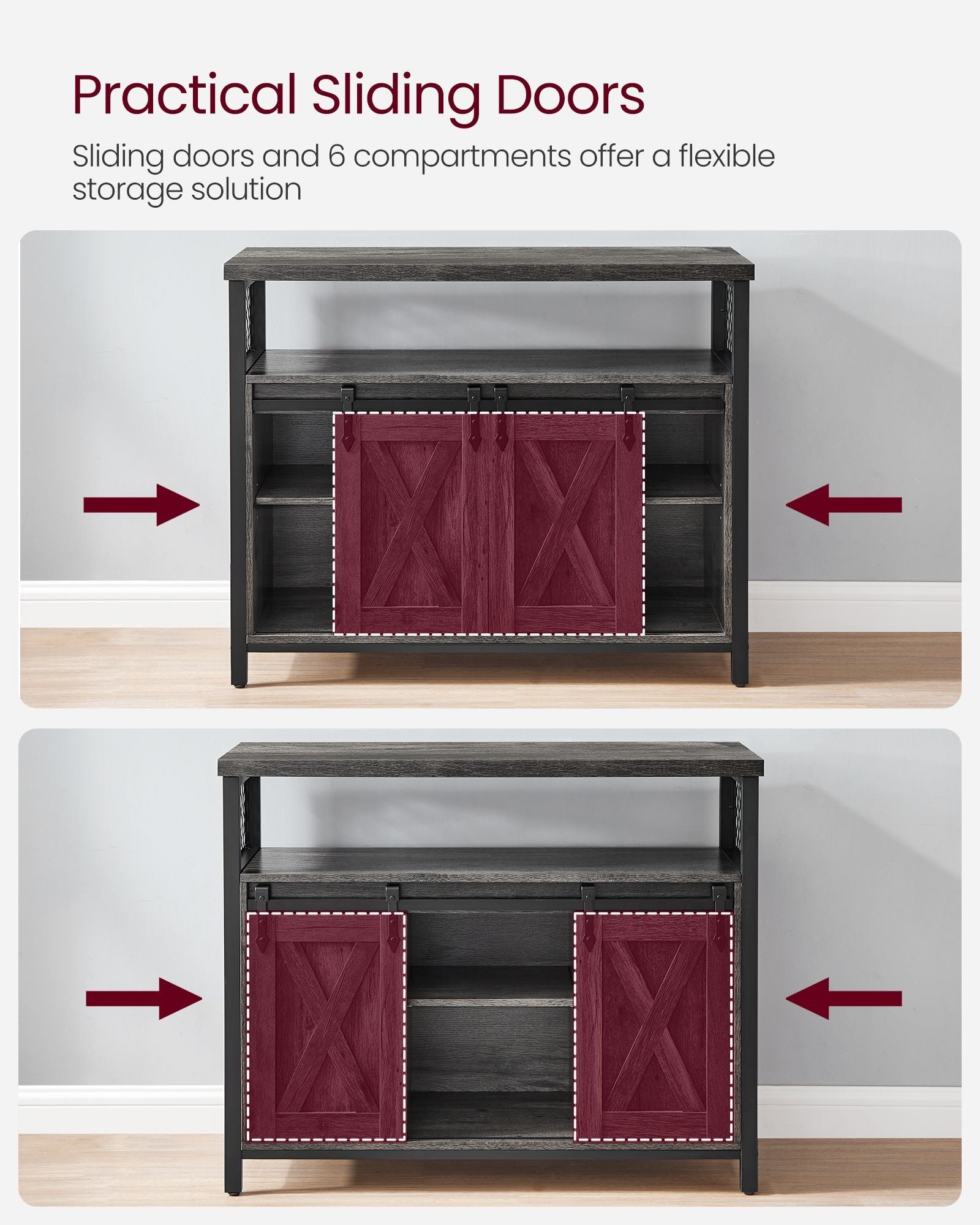 Sliding Barn Door Sideboard – Wood – Stone Grey & Ink Black – Adjustable Shelves, Industrial Style