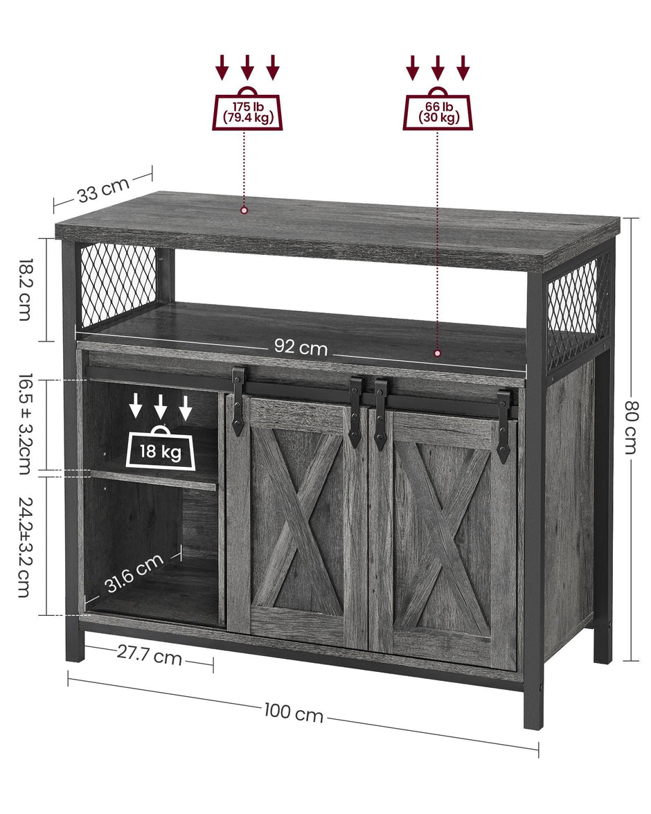 Sliding Barn Door Sideboard – Wood – Stone Grey & Ink Black – Adjustable Shelves, Industrial Style