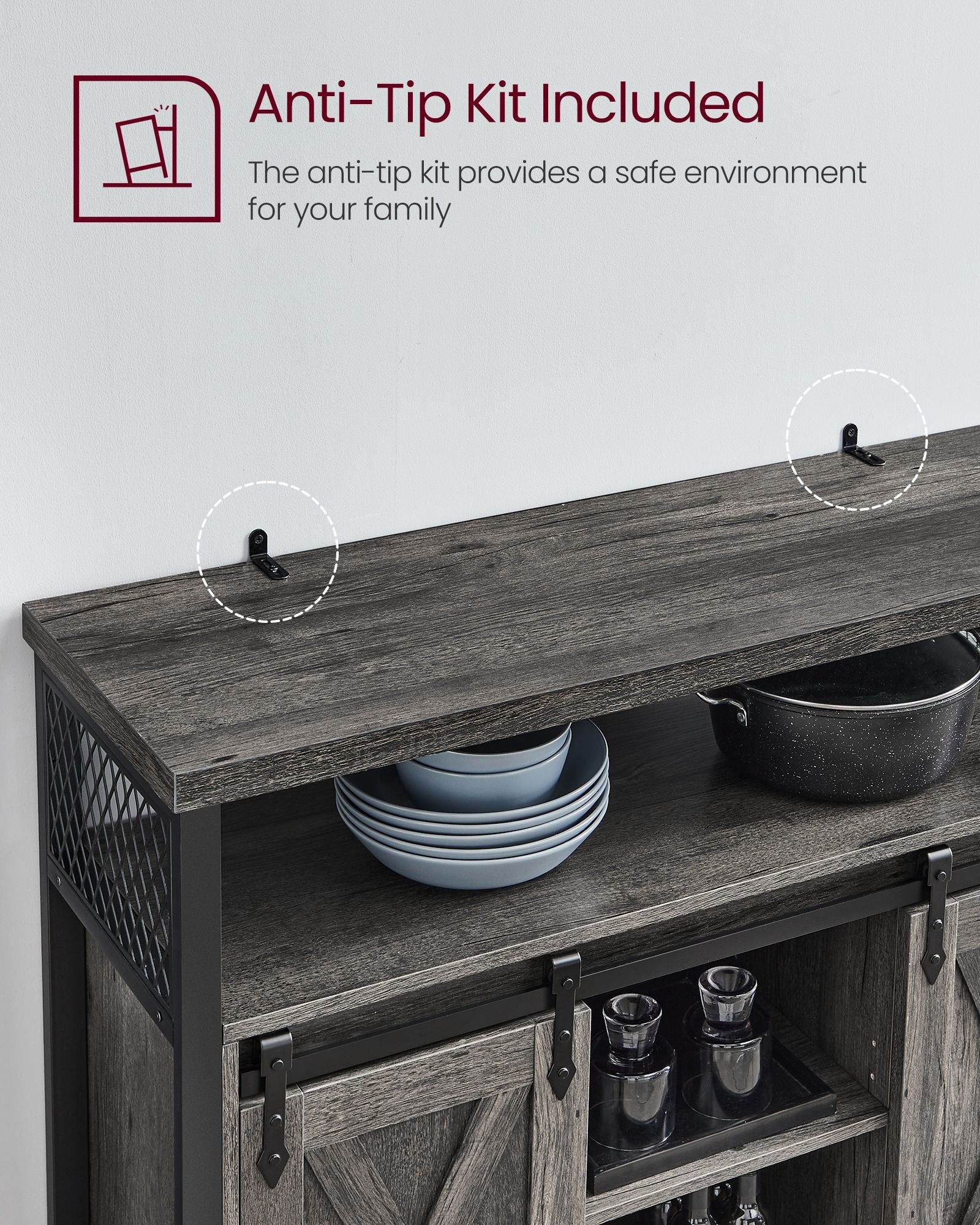 Sliding Barn Door Sideboard – Wood – Stone Grey & Ink Black – Adjustable Shelves, Industrial Style