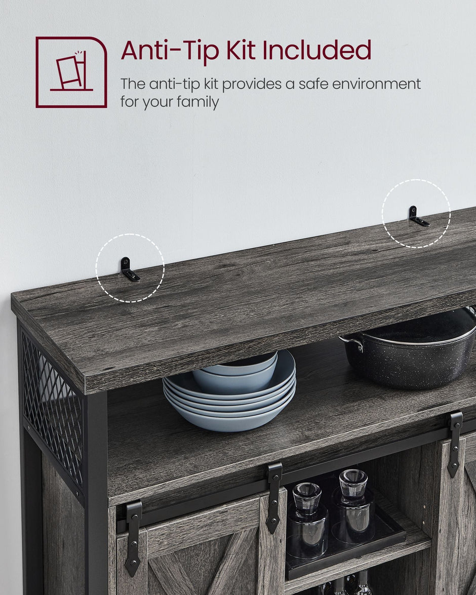 Sliding Barn Door Sideboard – Wood – Stone Grey & Ink Black – Adjustable Shelves, Industrial Style
