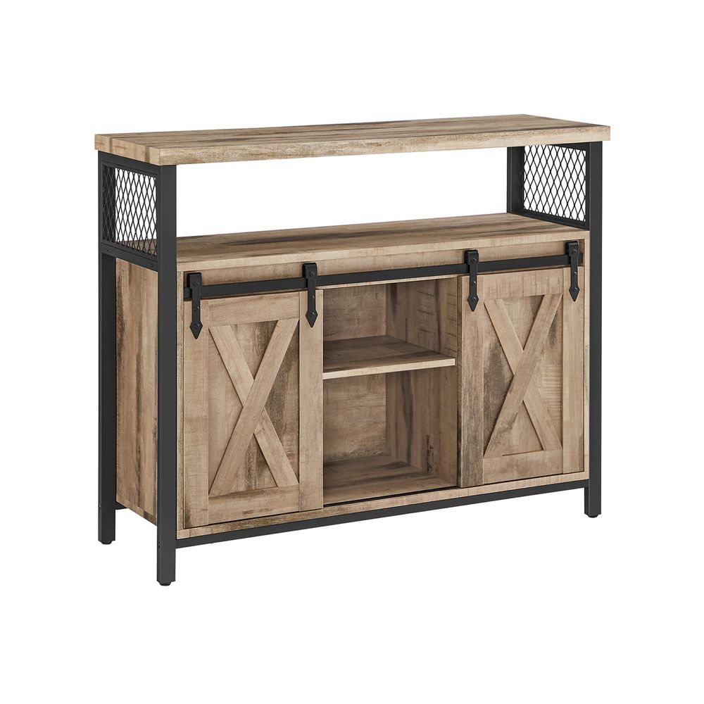 Sideboard – Wood – Rustic Brown and Black – Adjustable Shelf with Sliding Barn Doors