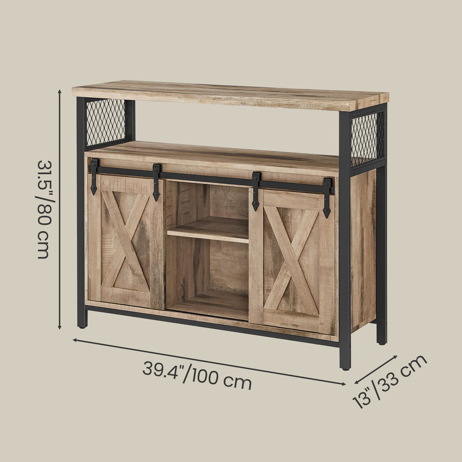 Buffet Cabinet – Wood – Camel Brown and Black – Adjustable Shelves with Sliding Barn Doors