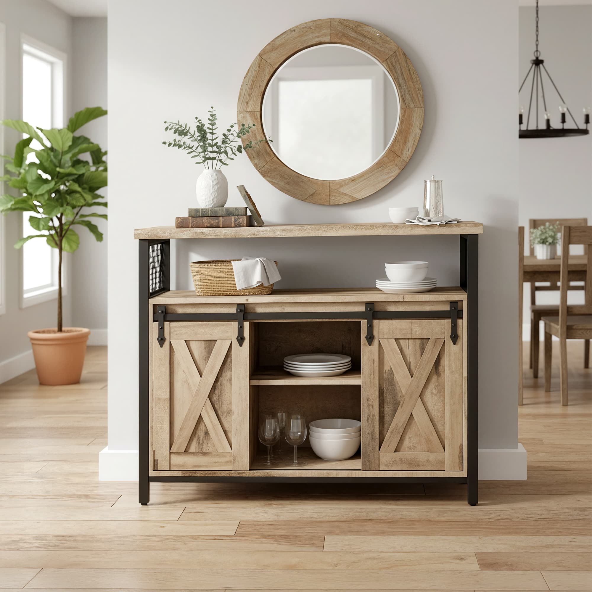 Buffet Cabinet – Wood – Camel Brown and Black – Adjustable Shelves with Sliding Barn Doors