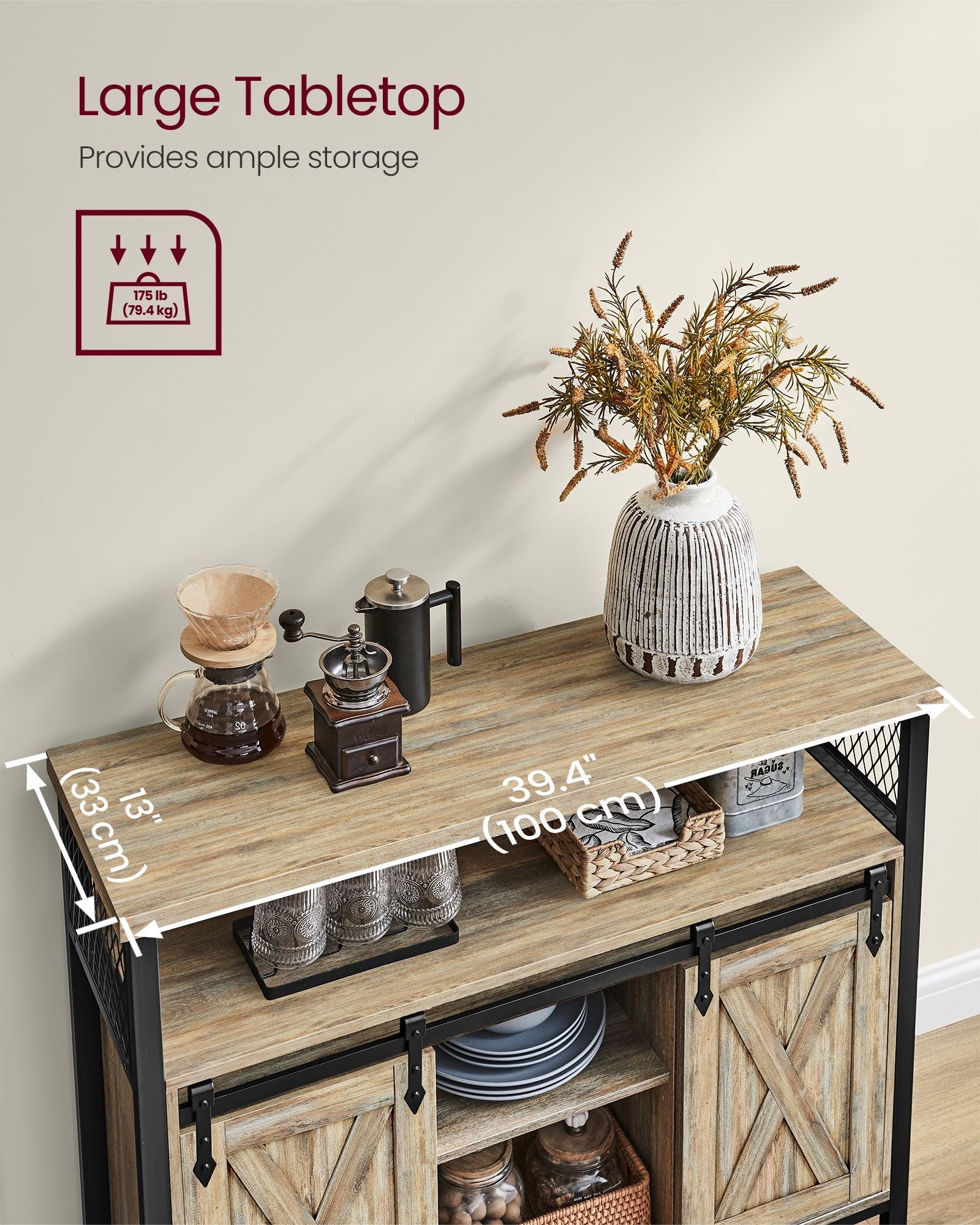 Sideboard – Wood – Turquoise, Brown, and Ink Black – Adjustable Shelf with Sliding Barn Doors