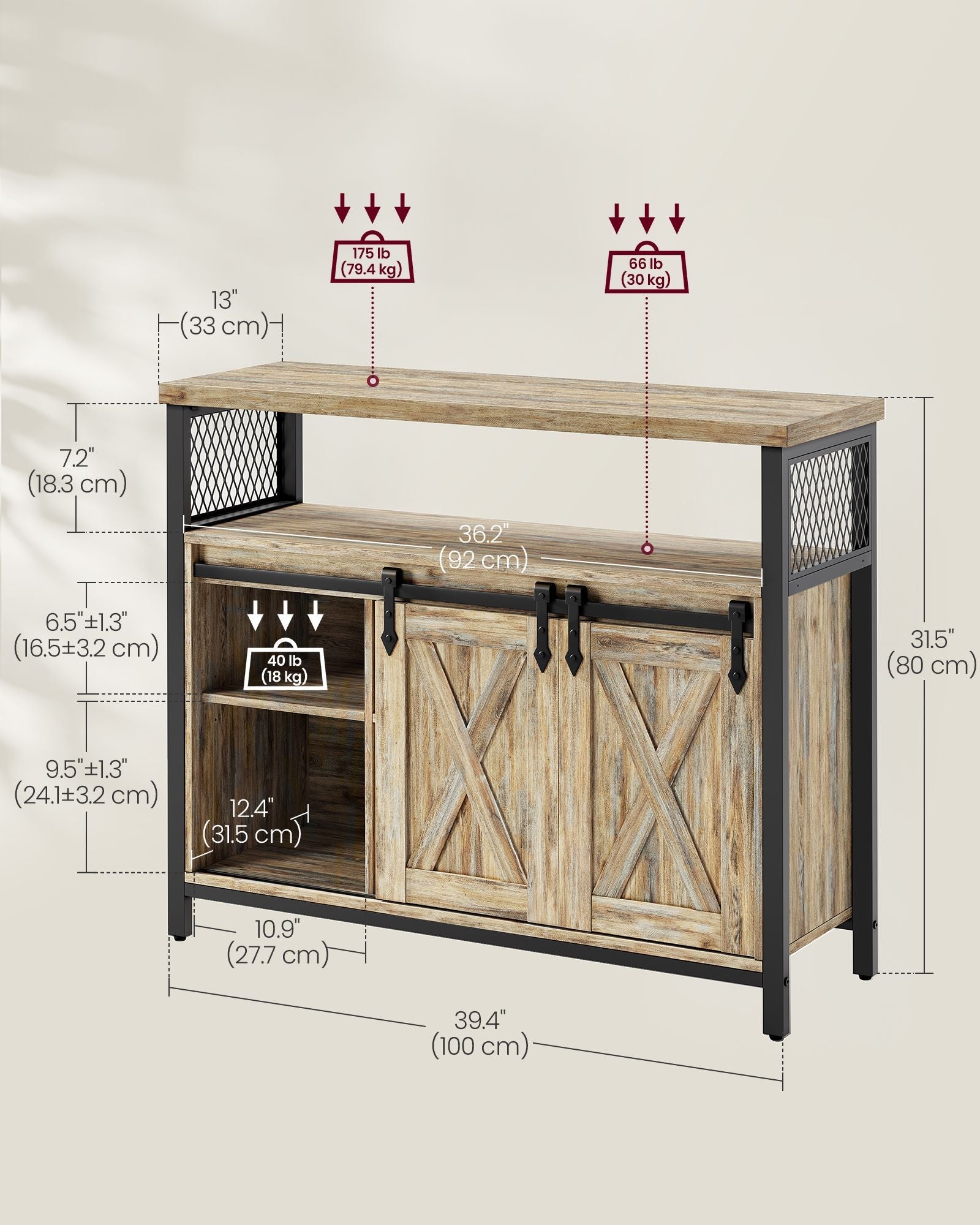 Sideboard – Wood – Turquoise, Brown, and Ink Black – Adjustable Shelf with Sliding Barn Doors