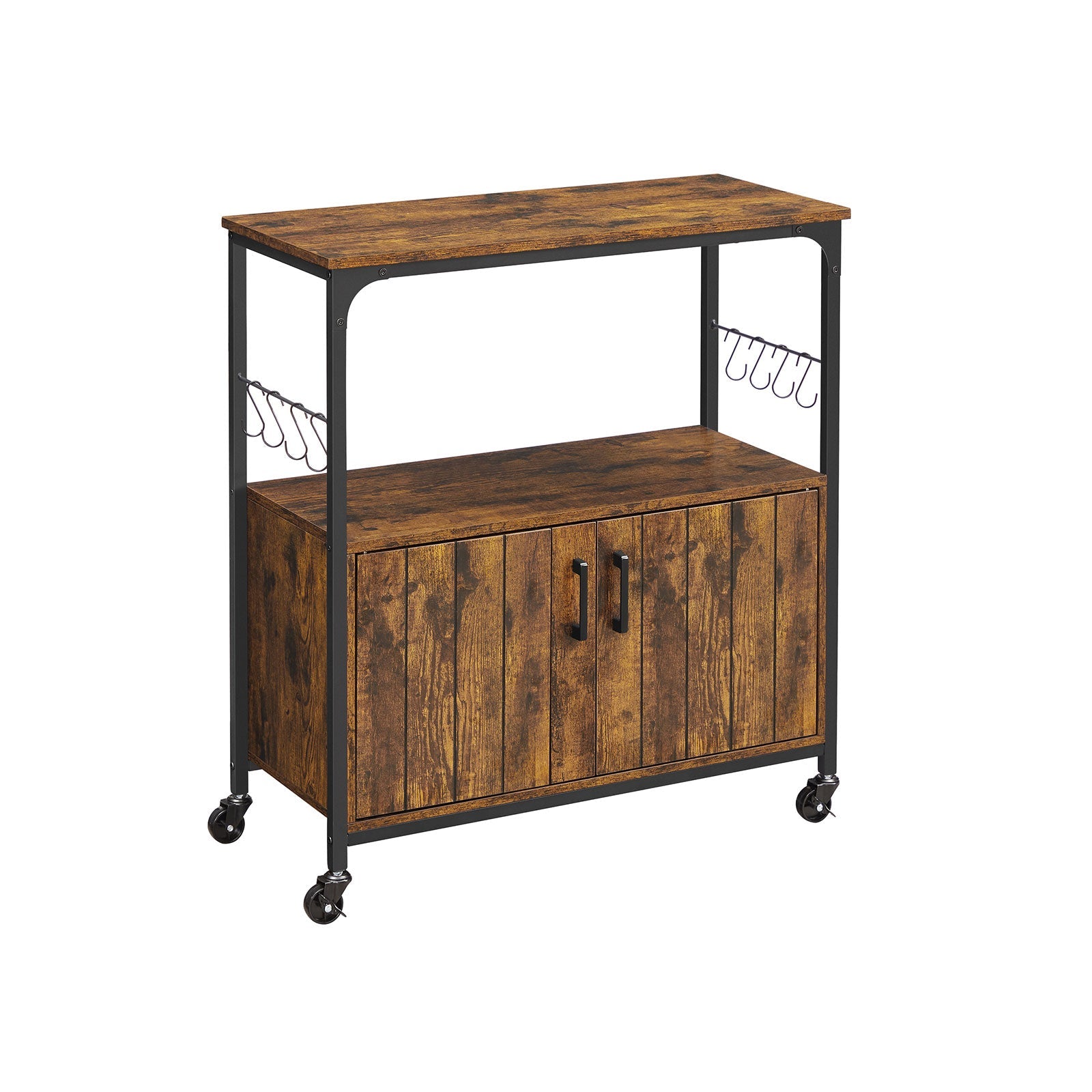 Industrial Kitchen Cupboard – Metal and Wood – Rustic Brown and Black – Mobile with Storage Shelves and Hooks